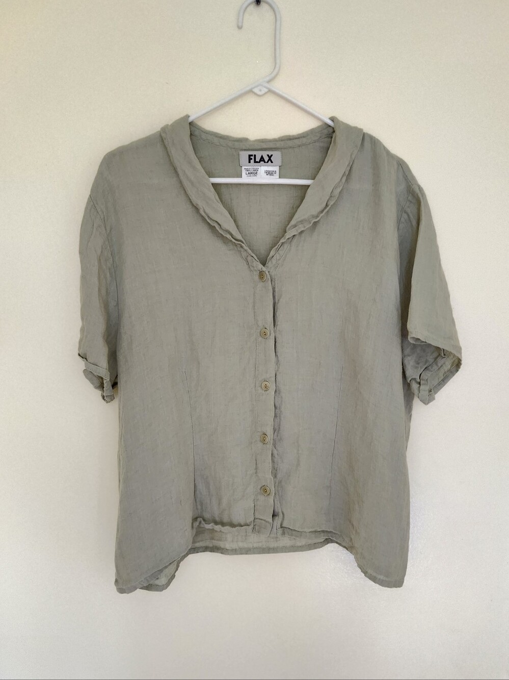 FLAX 100% Linen Pale Green Button Up Blouse Top Boho Lagenlook Oversized Large